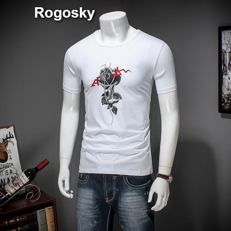 Rogosky港系潮牌2018夏季新款欧洲站男装玫瑰花图案短袖T恤刺绣打底衫青年半袖体恤潮_0 XXXL 白色