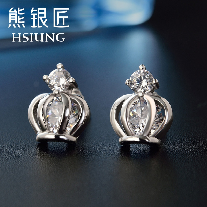 熊银匠银饰品S925银耳钉女款韩版时尚耳饰潮流百搭气质耳环送女友_Dta72 皇冠