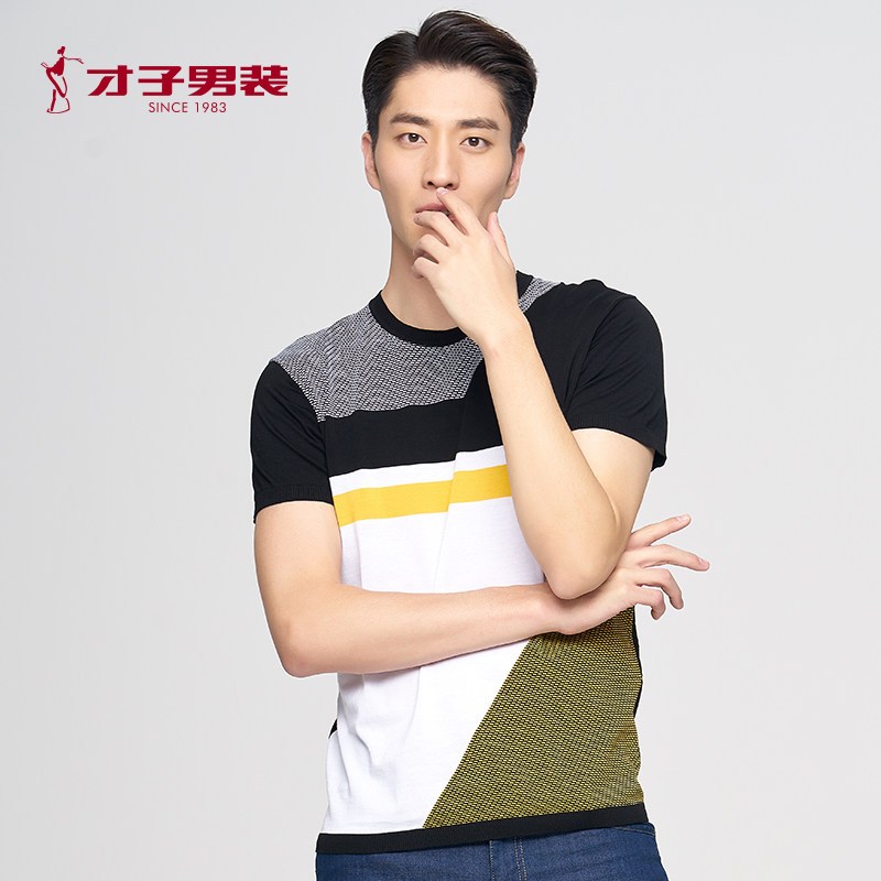 才子男装2018夏季新款男士青年商务休闲几何色块圆领短袖T恤男 170/88A 黑色