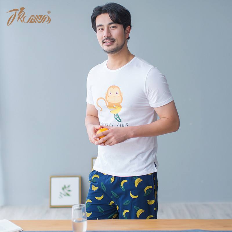顶瓜瓜家居服男夏 纯棉卡通印花简约圆领短袖短裤全棉男睡衣套装 170 灰色