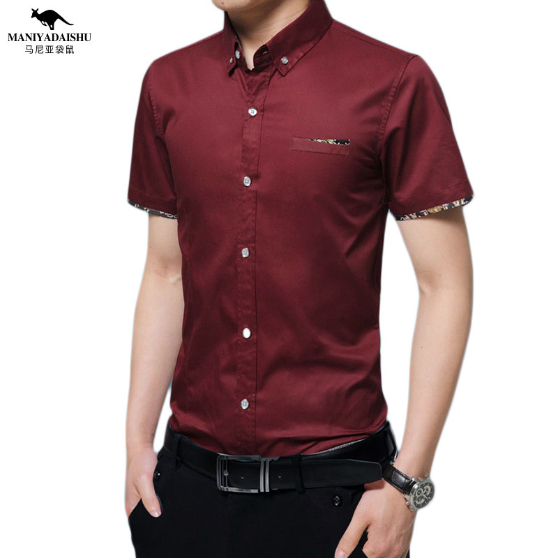马尼亚袋鼠/MNYDS 2018夏季新款纯色商务衬衫修身休闲衬衣 XL 酒红色