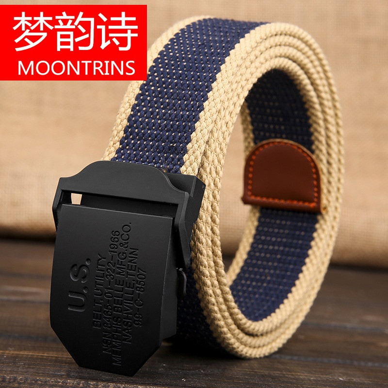 MOONRINS梦韵诗帆布腰带男士皮带自动扣青年学生休闲裤带韩版男女大码军训布带潮 160cm 藏青条纹(黑扣)