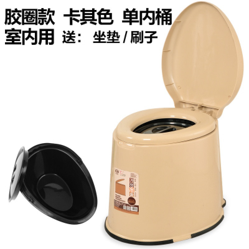 孕妇马桶老人塑料家用坐便器成人老年人移动座便器室内防臭坐便椅_8 默认尺寸 5代双防滑卡其色单桶房间用实心桶