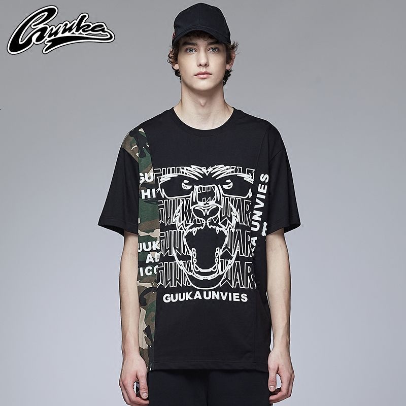 Guuka潮流五分袖男青少年嘻哈运动迷彩拼接Overszie短袖T恤男潮牌 XXL 黑色