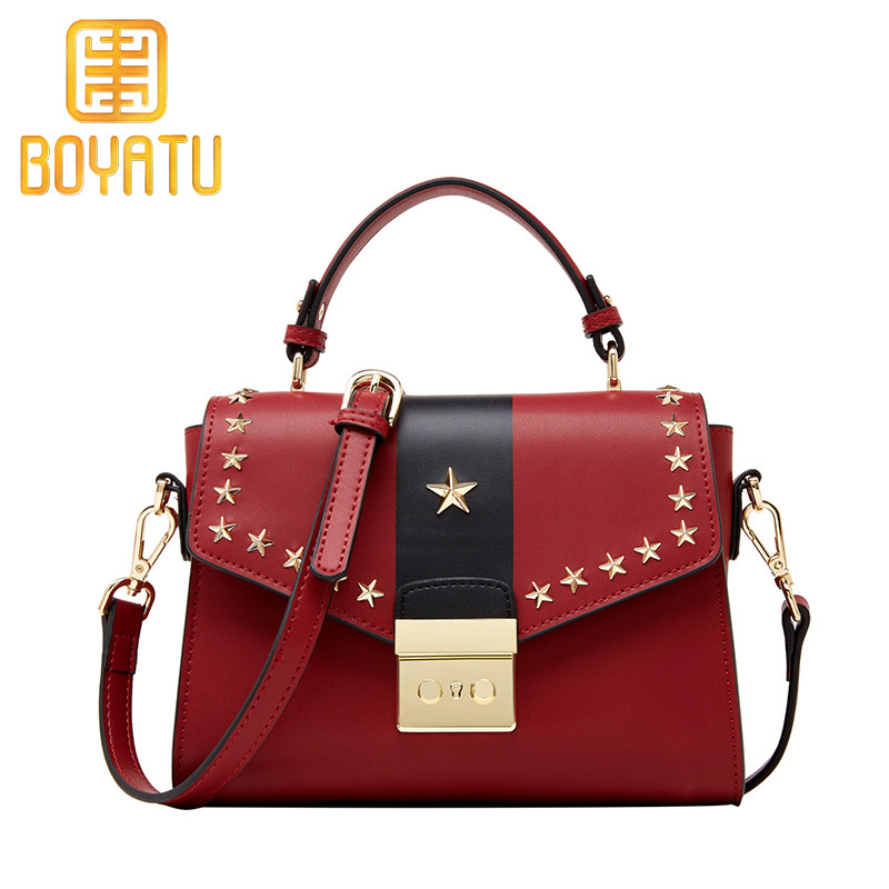 柏雅图（boyatu）2018新款女包时尚铆钉单肩包女牛皮撞色小包真皮斜挎手提包女 勃垦地酒红