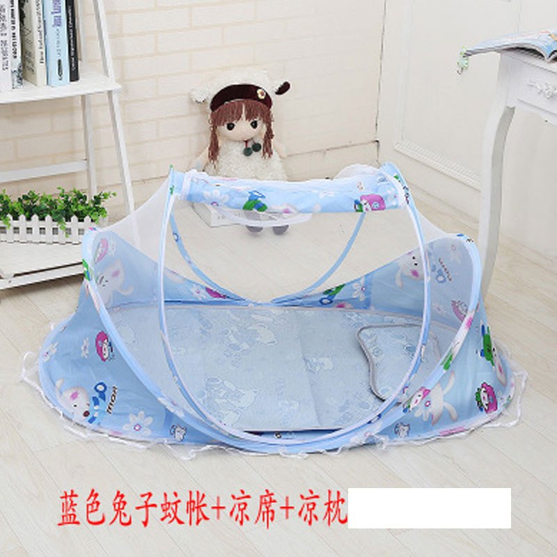 婴儿蚊帐罩宝宝蚊帐新生儿童蒙古包可折叠支架小孩蚊帐罩简约小清新男女宝宝夏季孕婴童床上用品蚊帐 适用于新生儿-3岁宝宝 蓝蚊帐S凉席凉枕定型枕口水巾加S棉枕音乐包