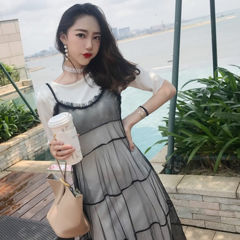 2018夏季新款短袖T恤打底裙+吊带网纱连衣裙中长款裙子两件套女装 均码 粉红色