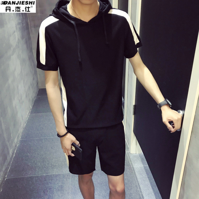 丹杰仕套装男士2018夏季新款短袖短裤中学生韩版潮流休闲帅气t恤两件套 L 8212黑色