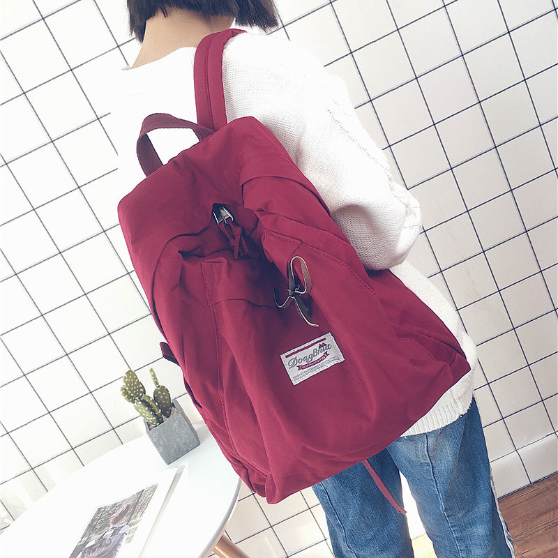 2018新款帆布大容量小清新校园学生书包双肩包女韩版百搭简约背包 酒红