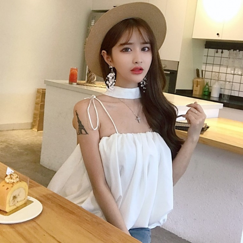 2018夏季新款宽松性感挂脖细带短款百搭无袖蓬蓬吊带背心上衣女装 均码 白色