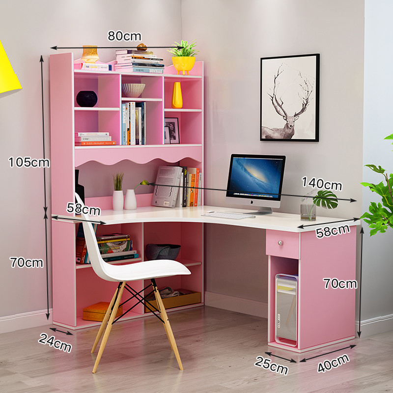 家用电脑台式桌转角电脑桌简约书柜书桌一体书架组合卧室写字桌子_15_7 B款1.4米白粉色【全封边】