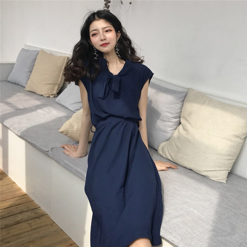 夏季韩版chic风中长款领口蝴蝶结百搭连衣裙修身显瘦打底A字裙女_1 均码 深蓝色