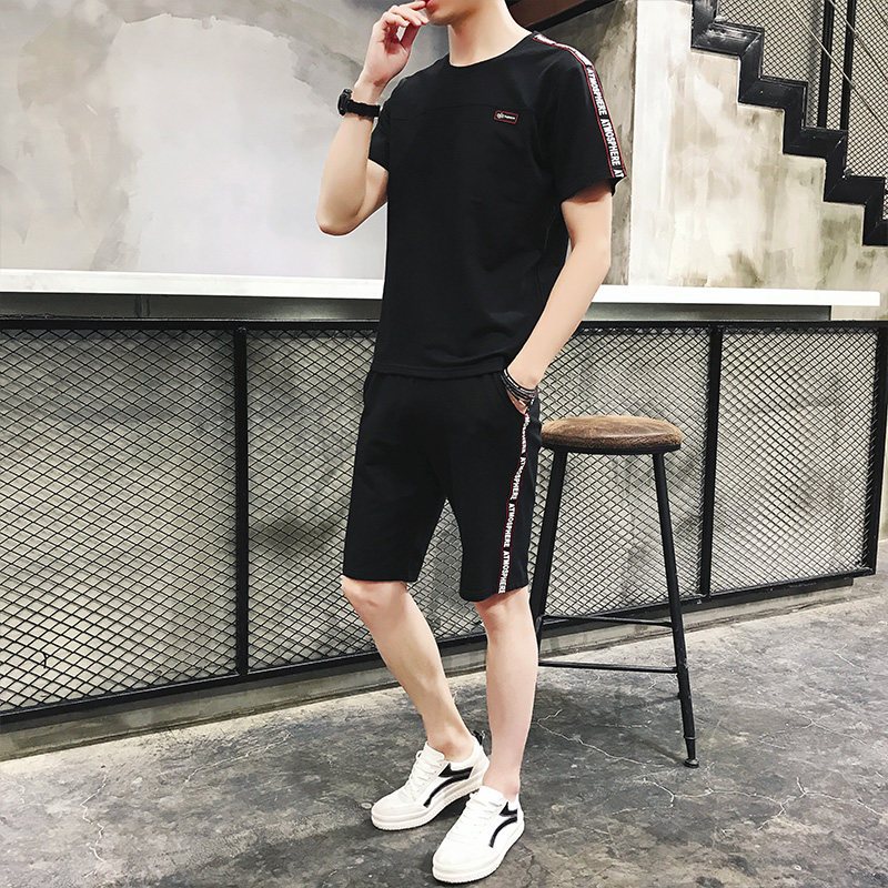 2018夏季运动套装韩版T恤上衣潮流九分裤男 2XL 黑色短裤套装
