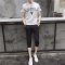 男士夏季休闲运动套装短袖上衣潮流六分裤 2XL 白色