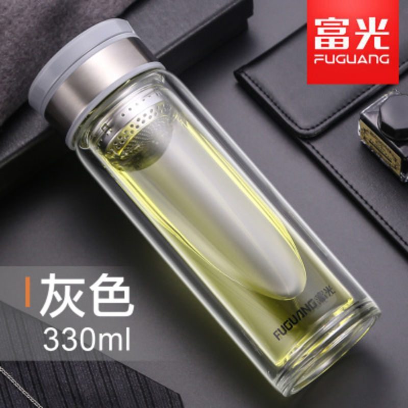 富光双层玻璃杯男便携水杯商务泡茶杯定制过滤耐热车载杯子带提手 330ml灰色