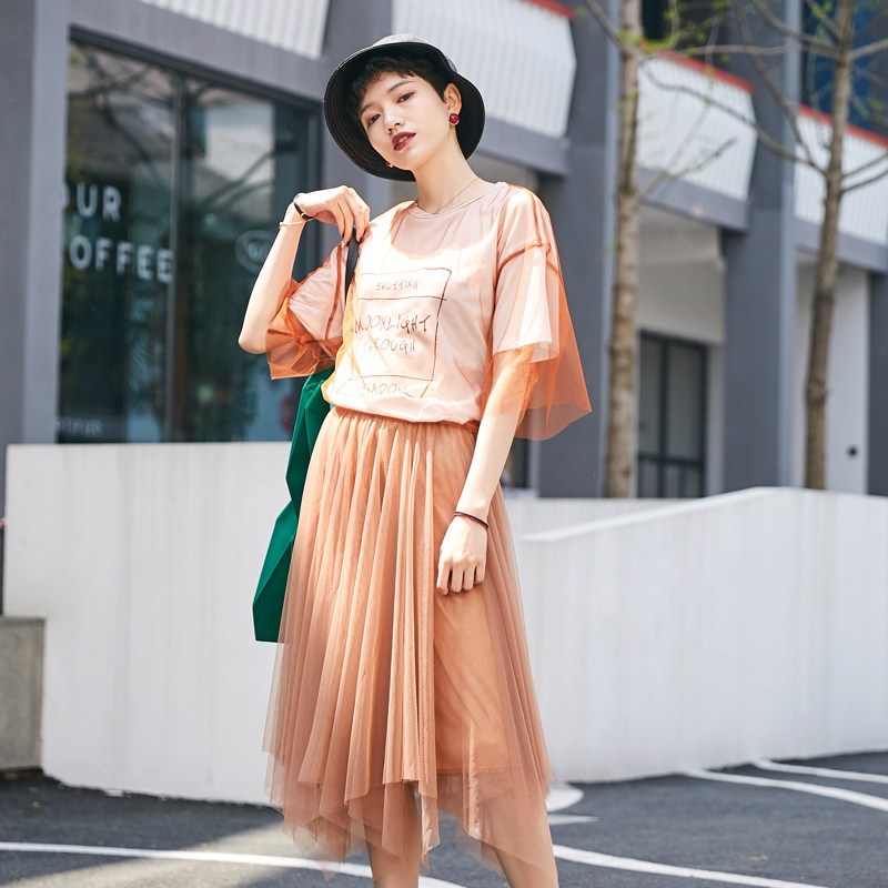 纯棉ins短袖t夏装2018新款chic网纱拼接假两件印花T恤女J L 琥珀棕