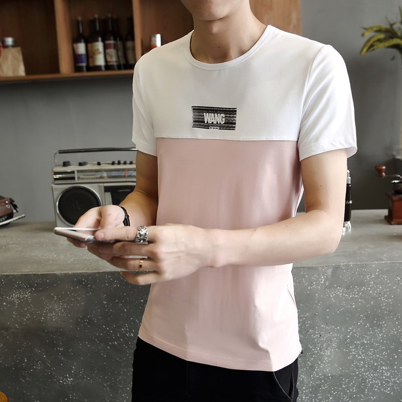 男士短袖T恤打底衫潮流上衣服韩版半袖男装 L 浅粉