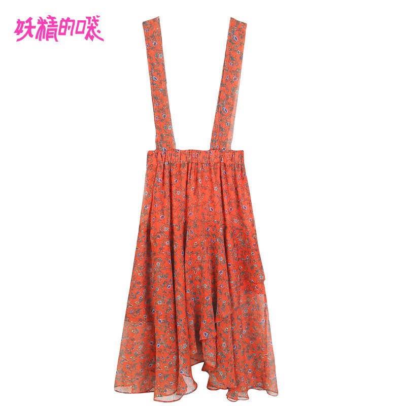 妖精的口袋Y百搭裙子学生夏装2018新款碎花雪纺chic吊带半身裙女J S 茜红