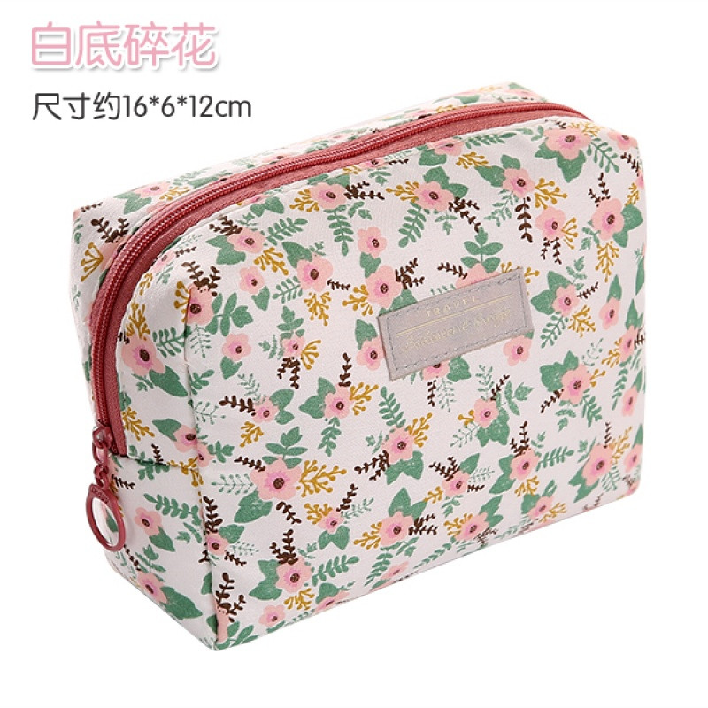 可爱便携化妆包女大容量化妆品收纳盒简约护肤品袋旅行防水手提包_5 白底碎花
