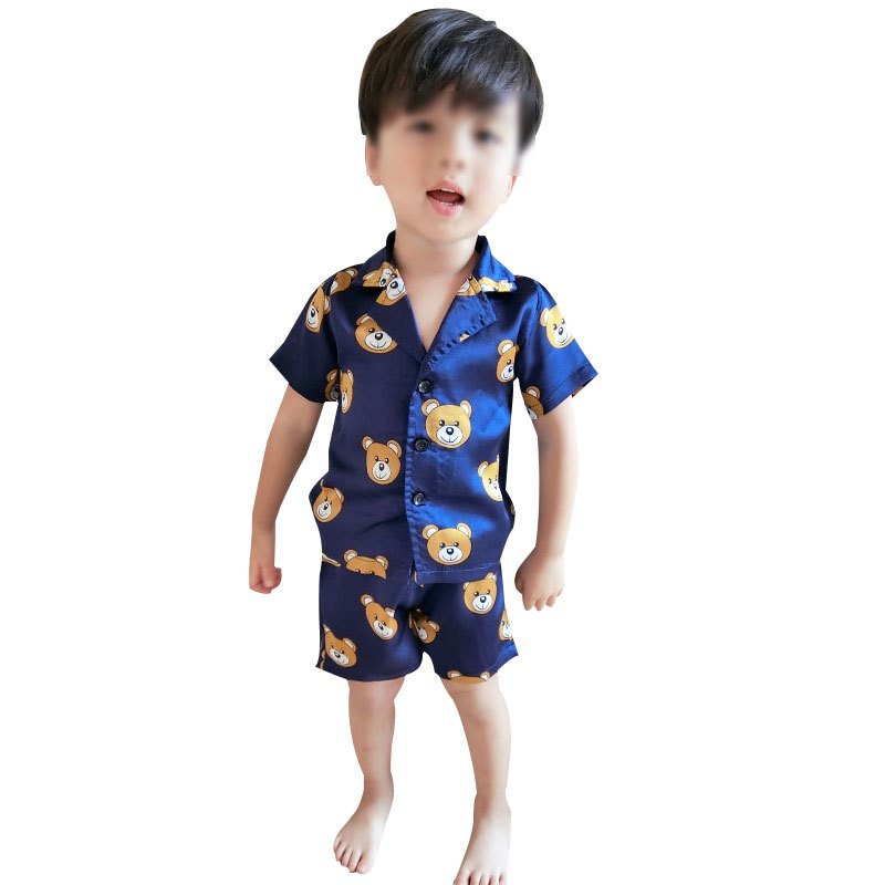 儿童睡衣短袖套装男童女童夏装家居服2345岁宝宝衣服婴儿童装夏季家居服简约小清新套装 100cm 蓝色