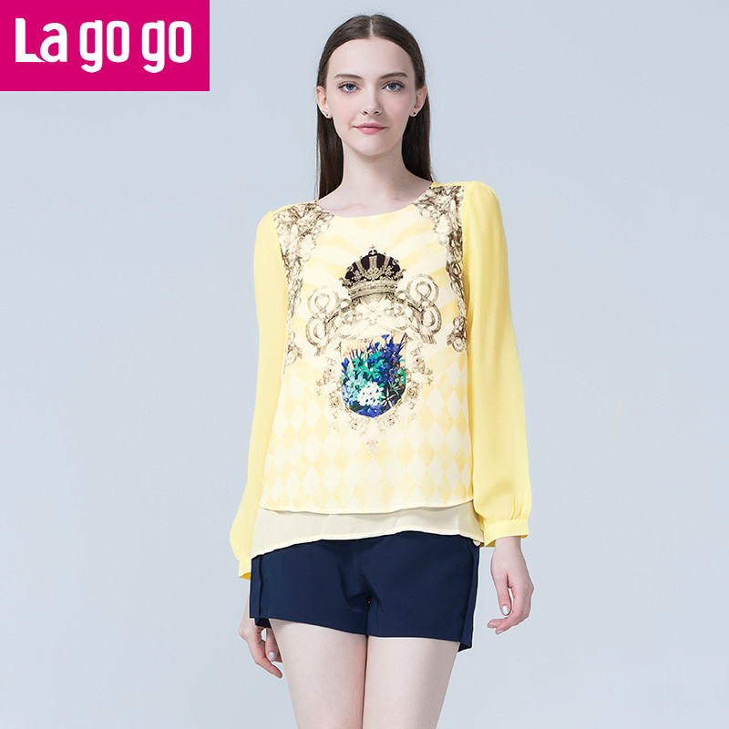 lagogo拉谷谷夏季新款淑女女长袖上衣印花雪纺衫套头百搭_1 S 浅黄