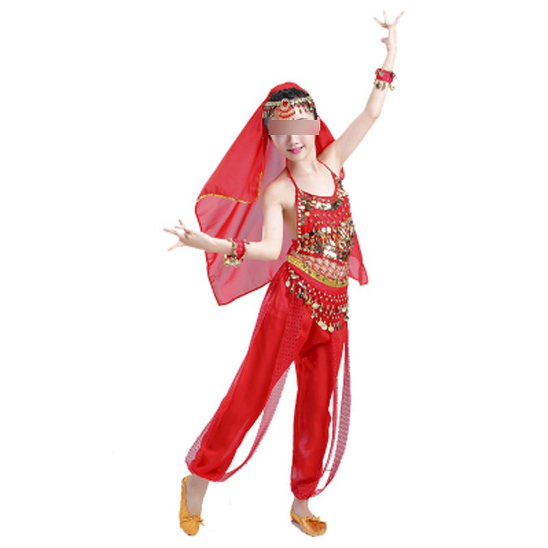 儿童印度舞演出服女童肚皮舞表演服装六一儿童节新疆舞少儿民族舞蹈服小女孩服装婴童套装 100cm 红色肚兜七件套