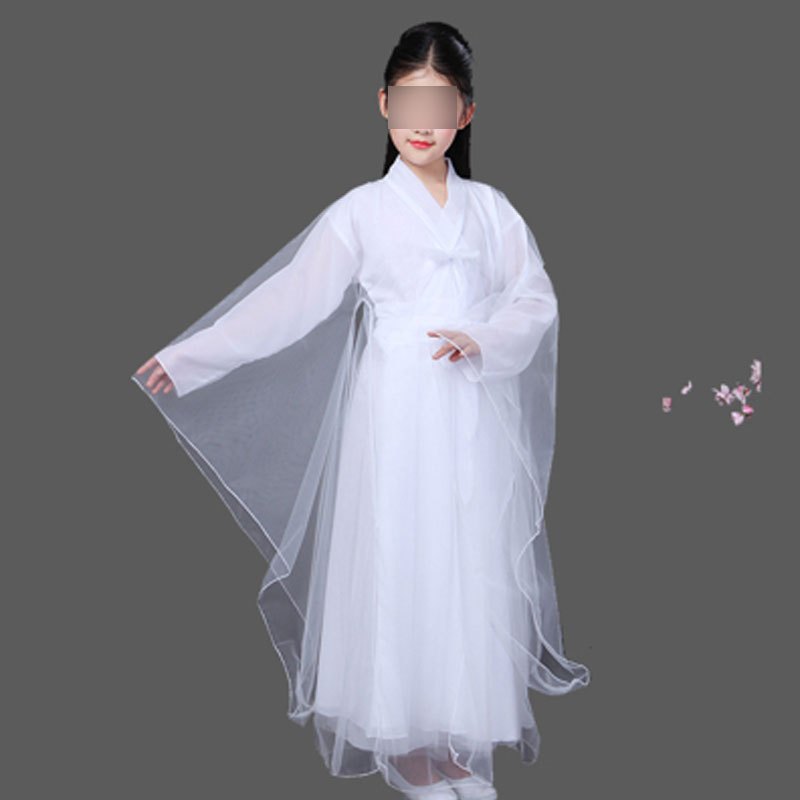 儿童古装演出服女仙女服装汉服六一儿童节表演演出服裙子小女孩清新淡雅长裙婴童裙子 140cm 白色