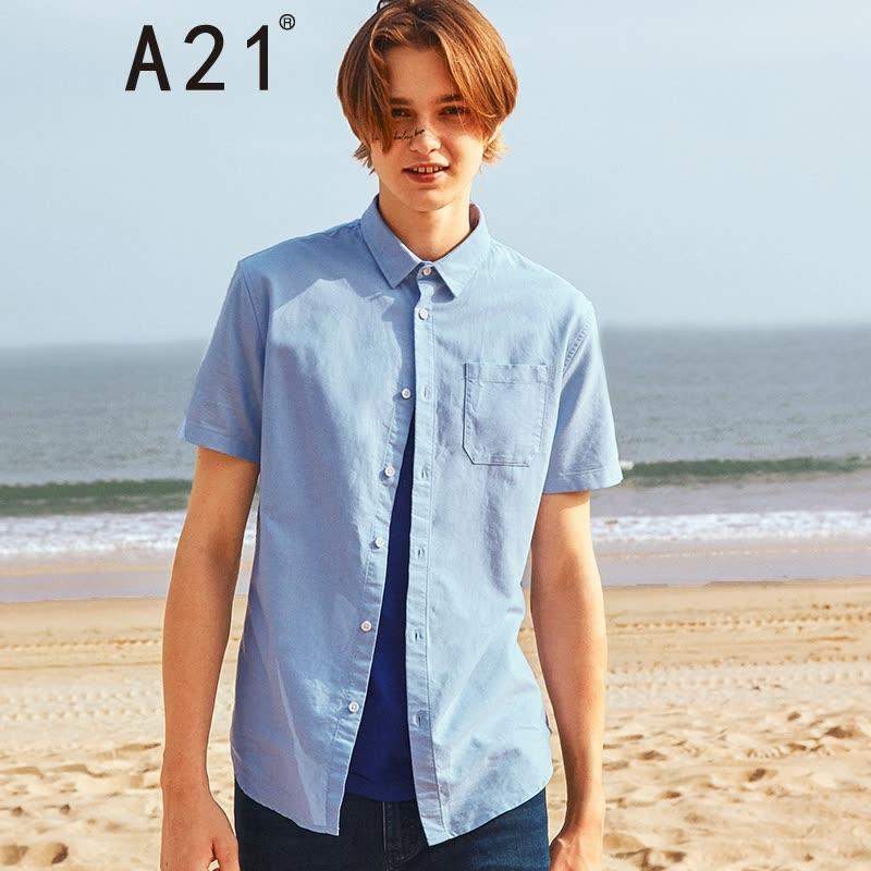 A21以纯线上品牌2018夏季新款男装纯色短袖衬衫翻领口袋短袖男衬衫4821180008 粉蓝 175/88A/L