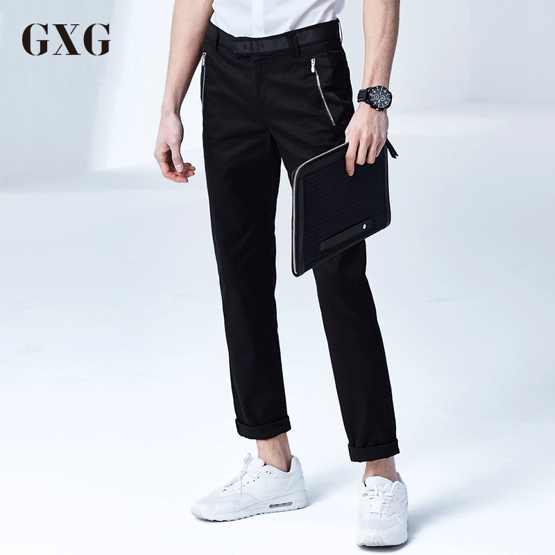 GXG休闲裤男装夏季男士时尚黑色休闲百搭修身小脚休闲裤男 185/XXL 黑色