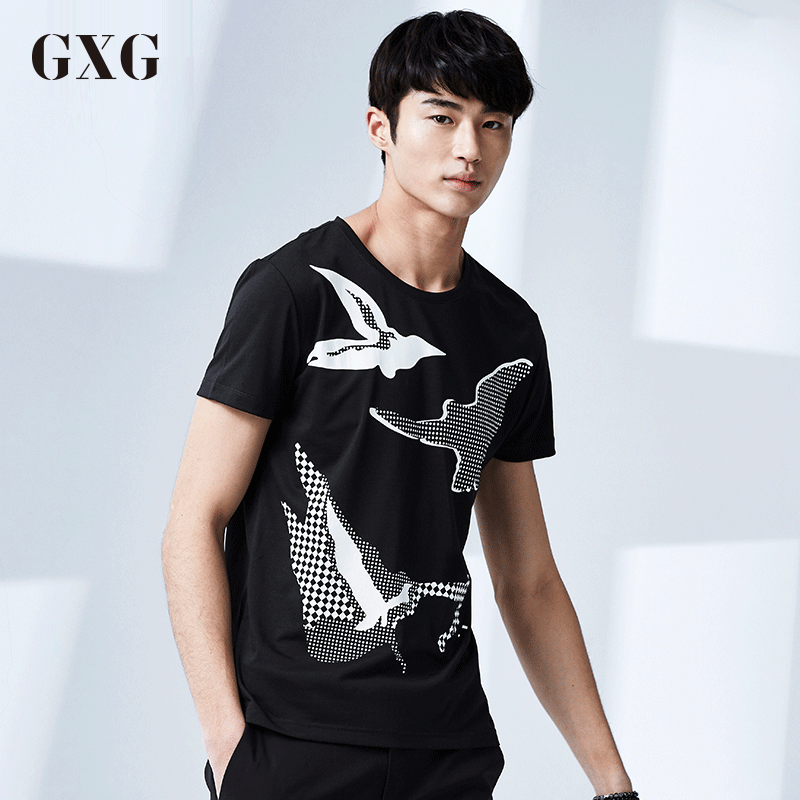 GXG短袖T恤男装夏季气质男士时尚个性潮流黑底白花短袖T恤 185/XXL 黑底白花