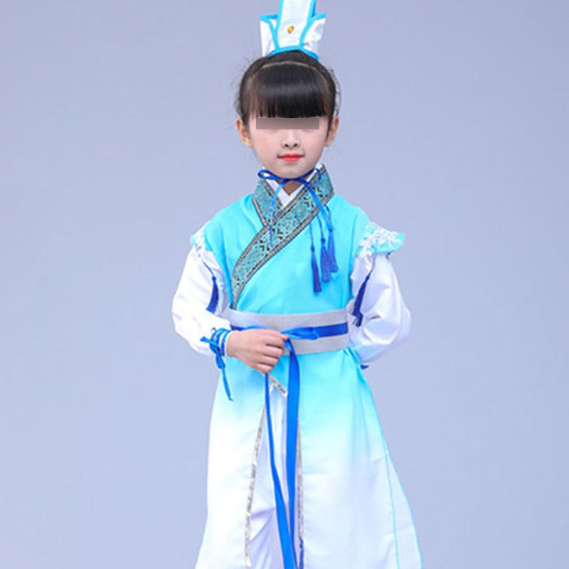 六一儿童演出服汉服男童古装三字经书童女幼儿园小孩表演服装可爱创意萌趣儿童舞台演出服 150cm 蓝色男女同款s头饰s纸简