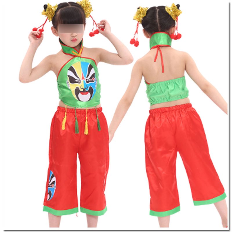 六一儿童节表演服装京剧说唱脸谱幼儿园戏曲舞蹈演出服男女可爱创意儿童舞台演出服套装 110建议身高95-105cm 女孩绿衣+红裤