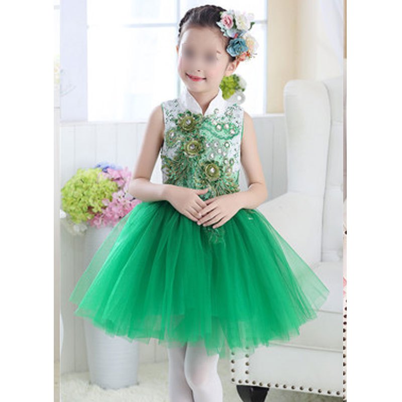 六一儿童合唱表演服女童舞蹈蓬蓬裙幼儿园中小学生大合唱团演出服通用裙子简约小清新婴童裙子 180cm 绿色