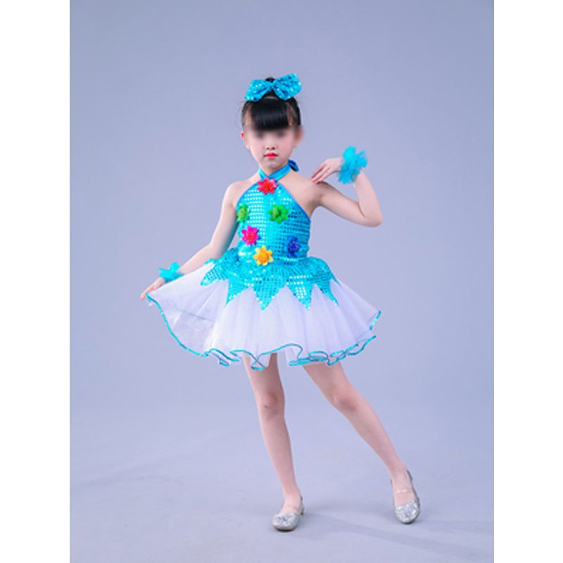 儿童演出服亮片幼儿园舞蹈服男女童表演服幼儿蓬蓬裙爵士舞服夏季女孩子洋气裙子 120cm 湖蓝色