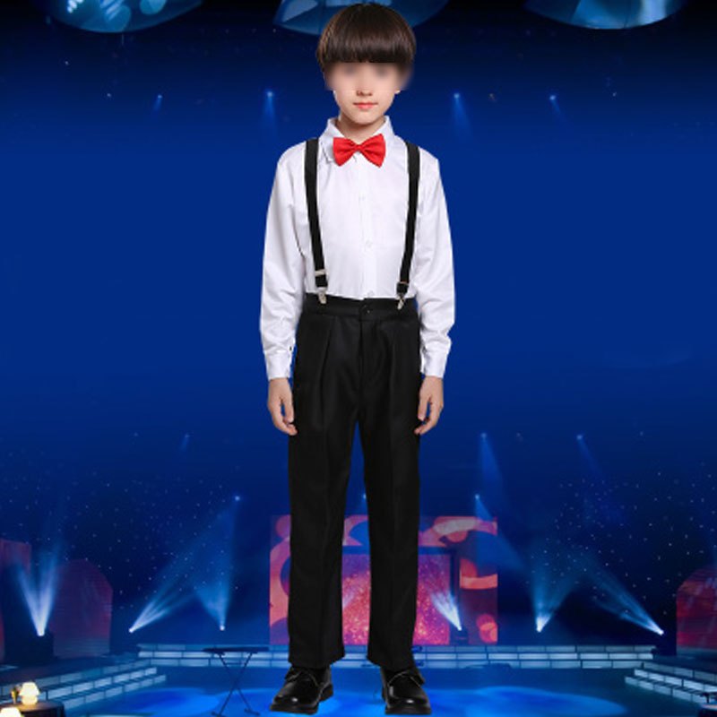 六一儿童男女童蓬蓬背带裤演出服中小学生幼儿园大合唱表演男孩子帅气洋气夏季套装 130cm 男款白上衣+黑裤+红领结