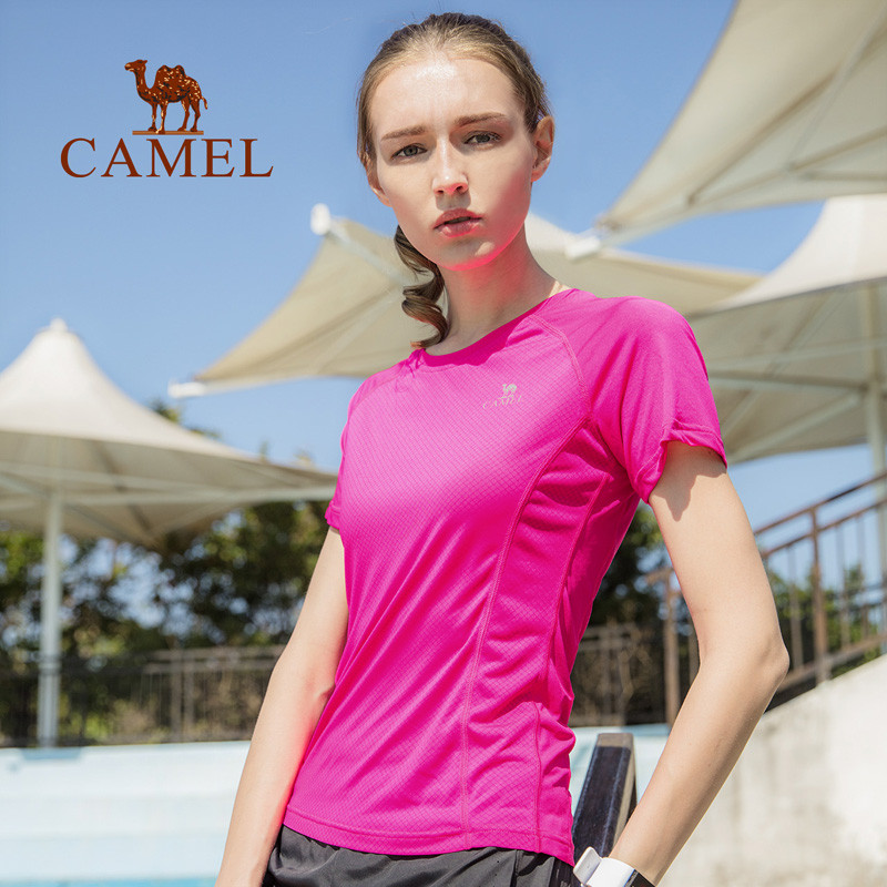 CAMEL骆驼运动T恤男 透气速干轻薄情侣款短袖跑步上衣女夏 L 亮玫红