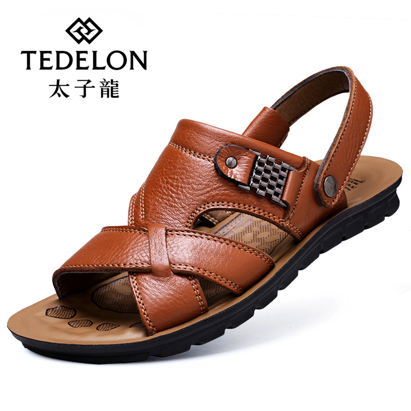 太子龍(TEDELONENERGY)凉鞋男士真皮沙滩鞋夏季新款透气防滑户外休闲牛皮凉拖鞋男0623 棕色 43码