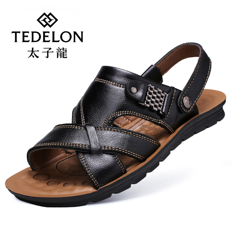 太子龍(TEDELONENERGY)凉鞋男士真皮沙滩鞋夏季新款透气防滑户外休闲牛皮凉拖鞋男623 黑色 42码