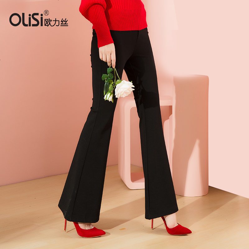795_OLiSi欧力丝2018春季阔腿裤女长裤韩版修身显瘦高腰女裤喇叭裤 L 黑色