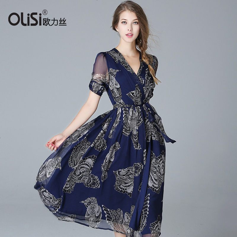 803_【促】OLiSi欧力丝夏季新品雪纺复古优雅印花连衣裙时尚收腰连衣 L 蓝色