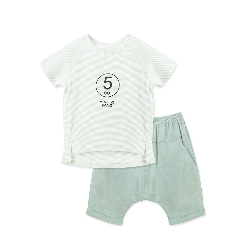 婴姿坊男童夏季圆领短袖字母细小条纹短袖五分裤两件套 73cm 粉绿
