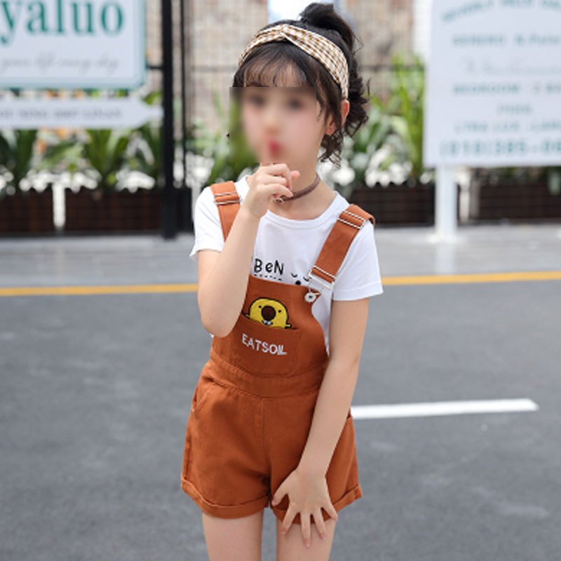 女童背带裤中大童夏季吊带裤韩版儿童夏季短裤小女孩套装简约小清新婴童套装小朋友都啊不休上衣背带裤套装 130码【建议身高120cm】 焦糖色-单背带裤