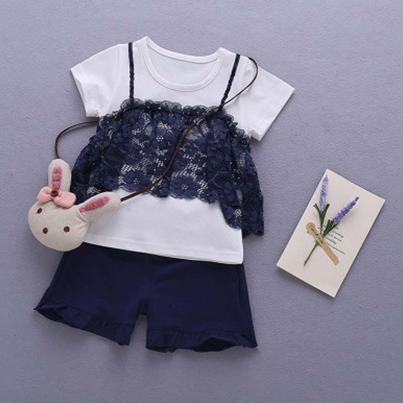 女童夏装短袖套装女宝宝衣服两件套韩版套装简约小iq你高兴婴童套装小朋友短袖上衣短裤套装 73cm 藏青色-PZ蕾丝短袖