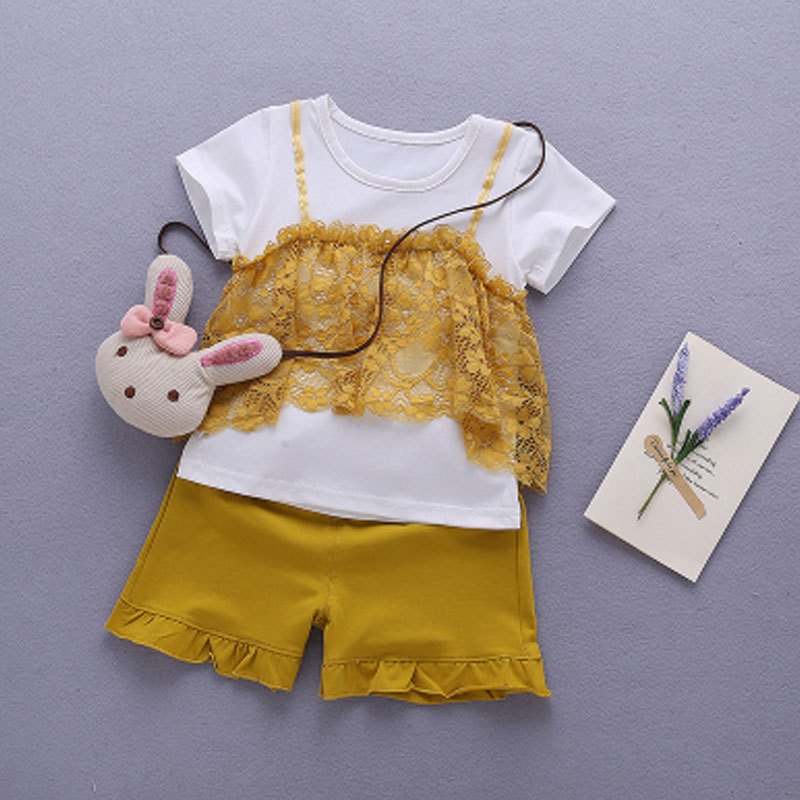 女童夏装短袖套装女宝宝衣服两件套韩版套装简约小iq你高兴婴童套装小朋友短袖上衣短裤套装 100cm 黄色-PZ蕾丝短袖