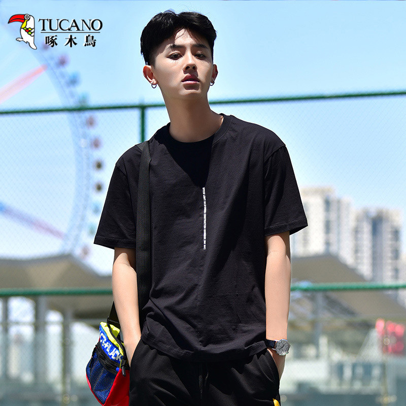 啄木鸟(TUCANO)青少年短袖t恤男2018夏季韩版潮流初中高中学生夏装宽松潮牌半袖 ZM9505 XXL 黑色