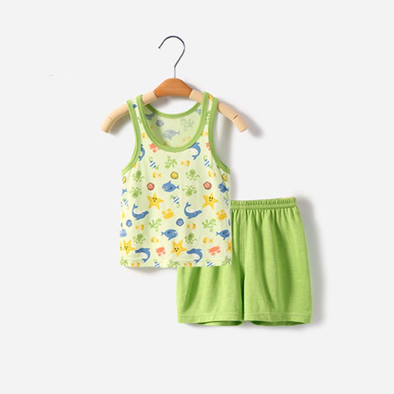 婴儿短袖套装宝宝夏装男童2018夏季童装女童两件套潮衣服卡通可爱男女宝宝薄款套装 100cm(100cm（无肩扣）) 背心鱼群-绿色（可开档）