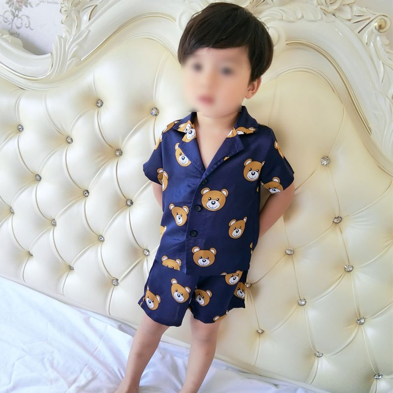 儿童睡衣短袖短裤两件套装男童女童夏装家居服宝宝衣服婴儿童装简约小清新夏天婴童套装 80cm 蓝色