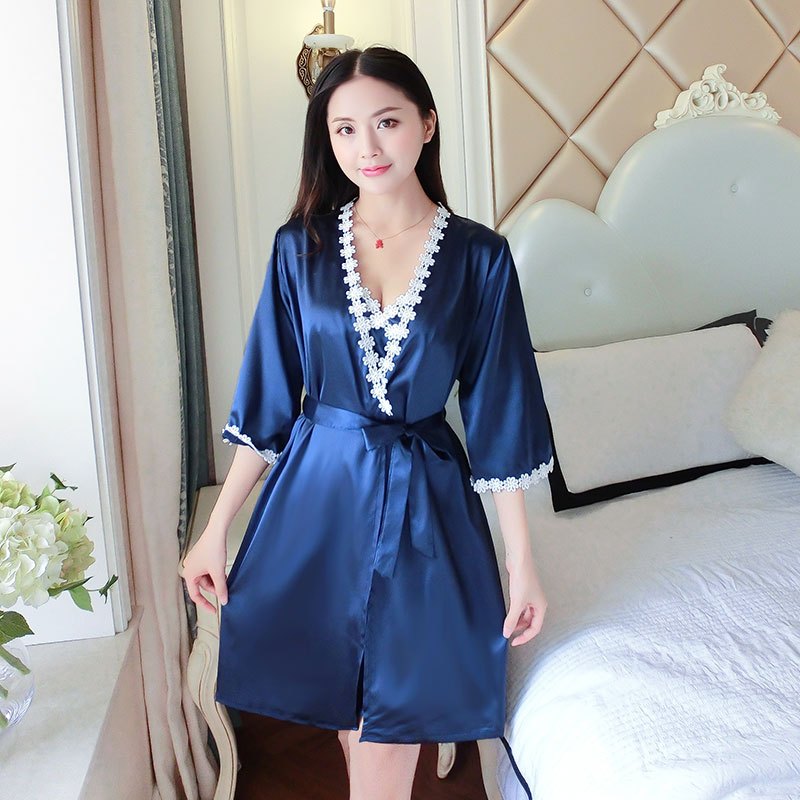 蓝旗BLUEG 性感吊带内衣仿真丝少女睡衣蕾丝家居服 两件套FS1858宝蓝色 XL 宝蓝色