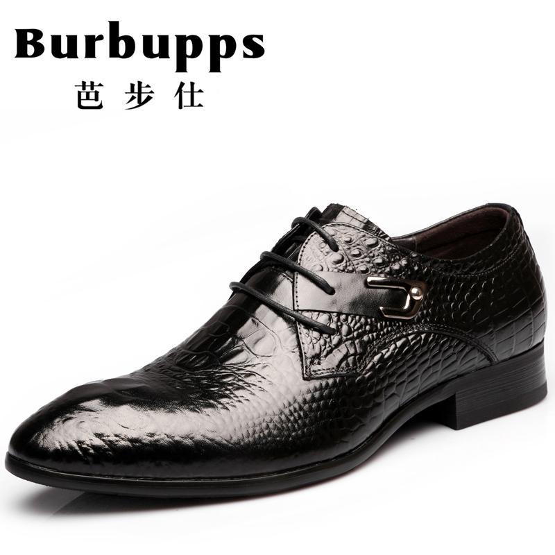 芭步仕Burbupps鳄鱼纹男鞋正装鞋皮鞋男真皮头层牛皮尖头系带 黑色 37码