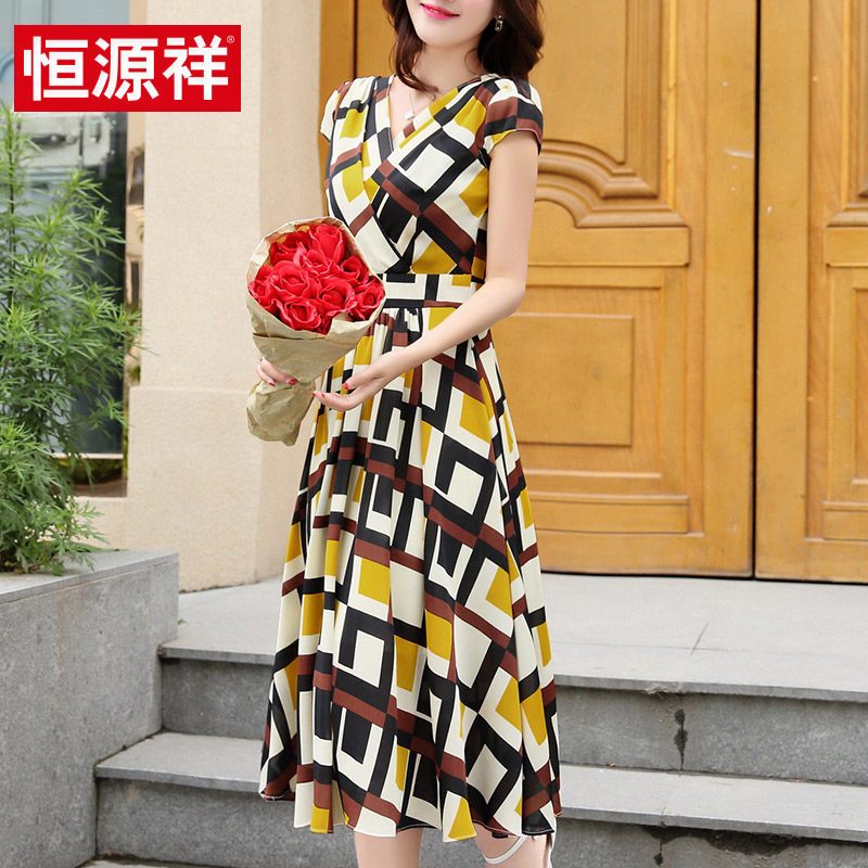 恒源祥夏季新款印花短袖连衣裙V领收腰中长裙宽松休闲裙子女夏_1 160/M 4号咖啡格